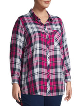 Load image into Gallery viewer, Ladies Pink Multi Plaid Checked Long Sleeve Plus Size Shirt Tops

