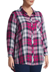 Ladies Pink Multi Plaid Checked Long Sleeve Plus Size Shirt Tops