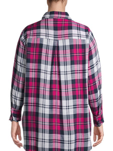 Ladies Pink Multi Plaid Checked Long Sleeve Plus Size Shirt Tops