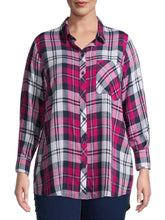 Load image into Gallery viewer, Ladies Pink Multi Plaid Checked Long Sleeve Plus Size Shirt Tops
