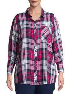 Ladies Pink Multi Plaid Checked Long Sleeve Plus Size Shirt Tops