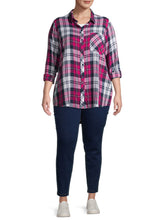 Load image into Gallery viewer, Ladies Pink Multi Plaid Checked Long Sleeve Plus Size Shirt Tops
