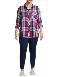 Ladies Pink Multi Plaid Checked Long Sleeve Plus Size Shirt Tops