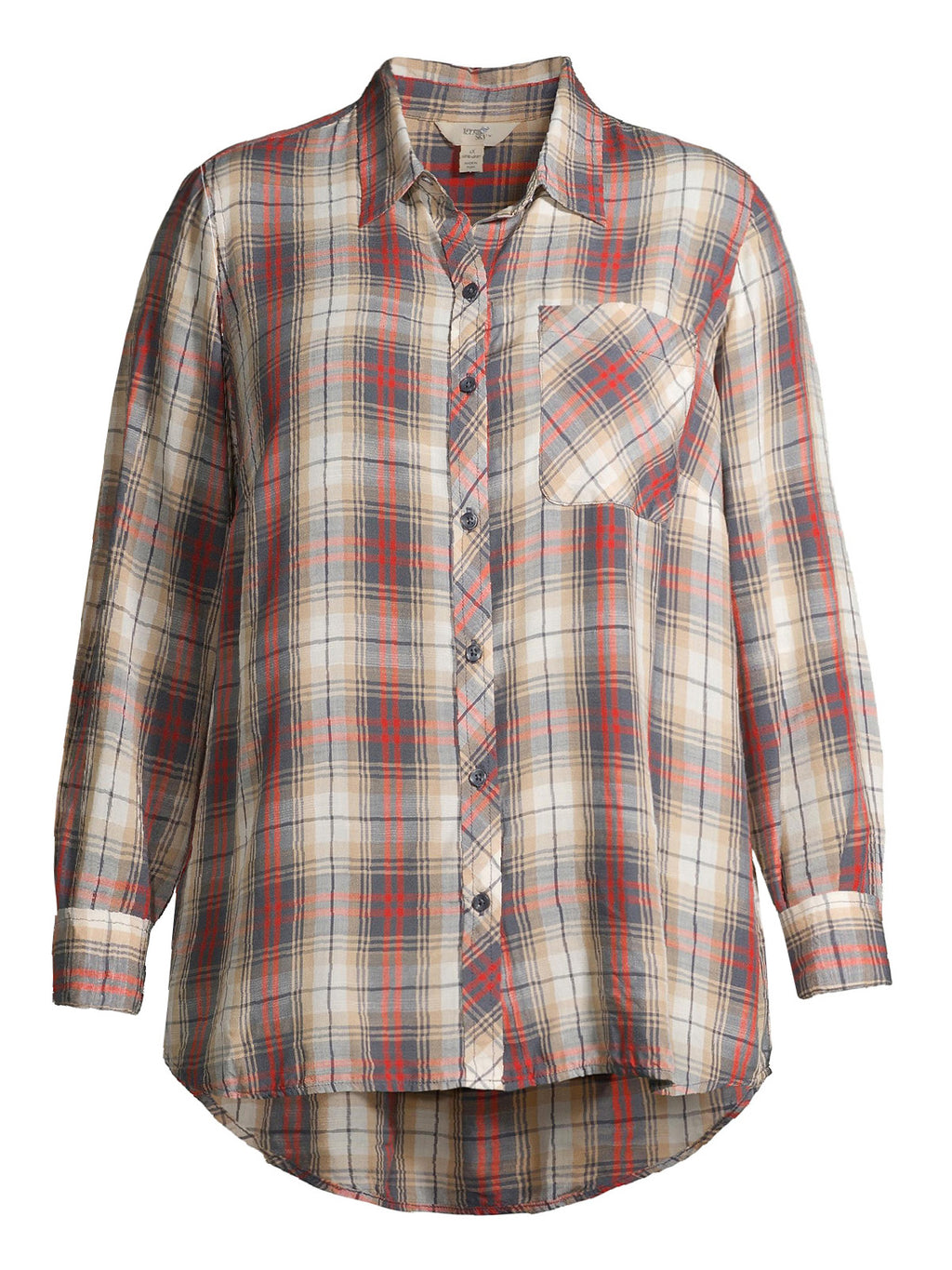 Ladies Grey Plaid Pocket Button Down Check Long Sleeve Plus Size Top