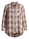 Ladies Grey Plaid Pocket Button Down Check Long Sleeve Plus Size Top