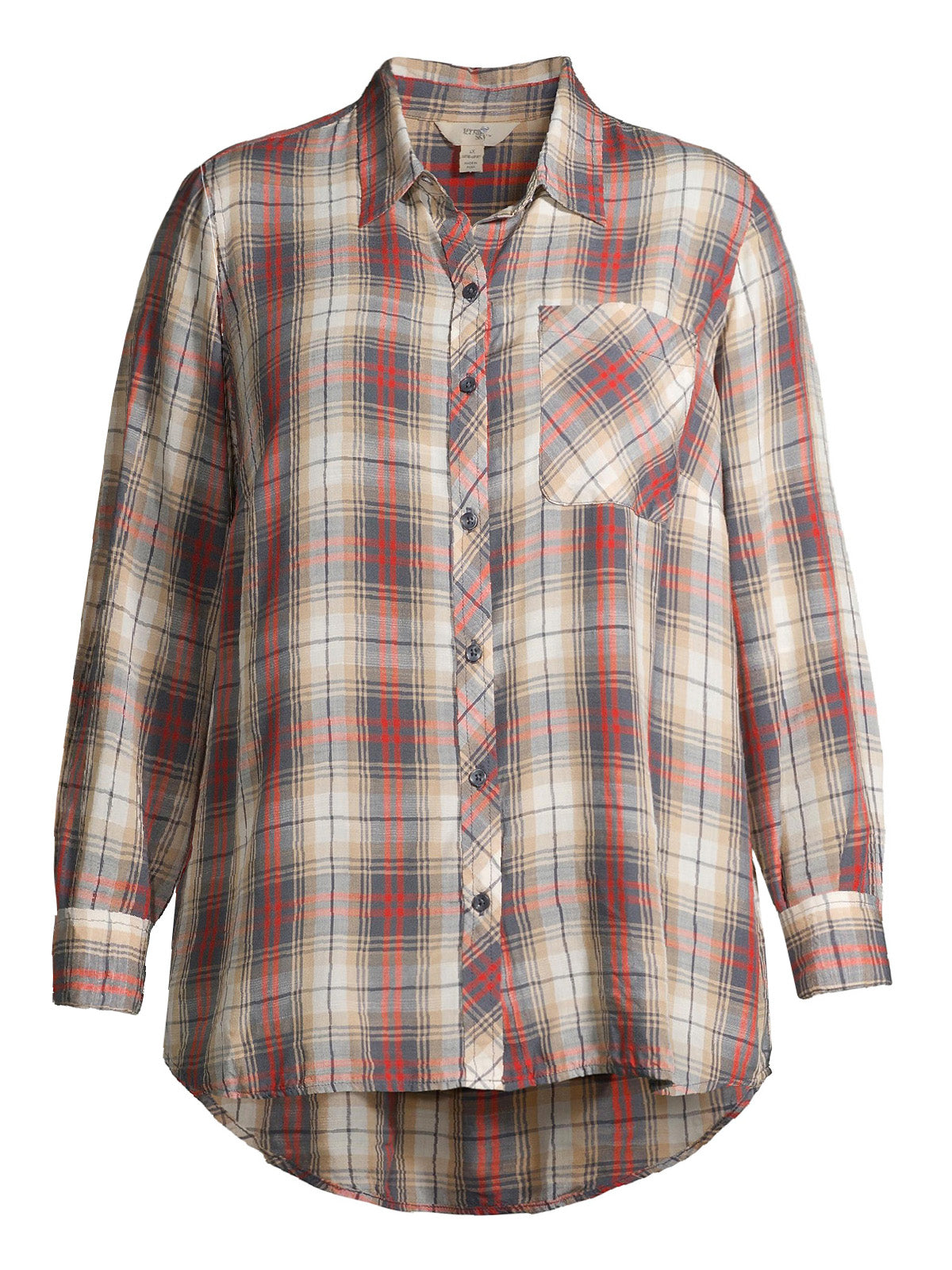 Ladies Grey Plaid Pocket Button Down Check Long Sleeve Plus Size Top