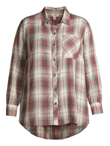 Ladies Grey Plaid Pocket Button Down Check Long Sleeve Plus Size Top