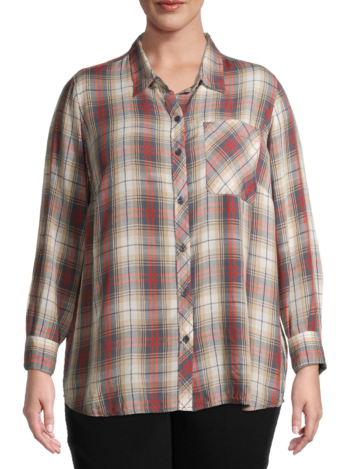 Ladies Grey Plaid Pocket Button Down Check Long Sleeve Plus Size Top