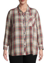 Load image into Gallery viewer, Ladies Grey Plaid Pocket Button Down Check Long Sleeve Plus Size Top
