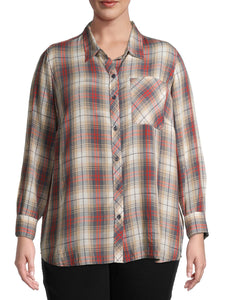 Ladies Grey Plaid Pocket Button Down Check Long Sleeve Plus Size Top