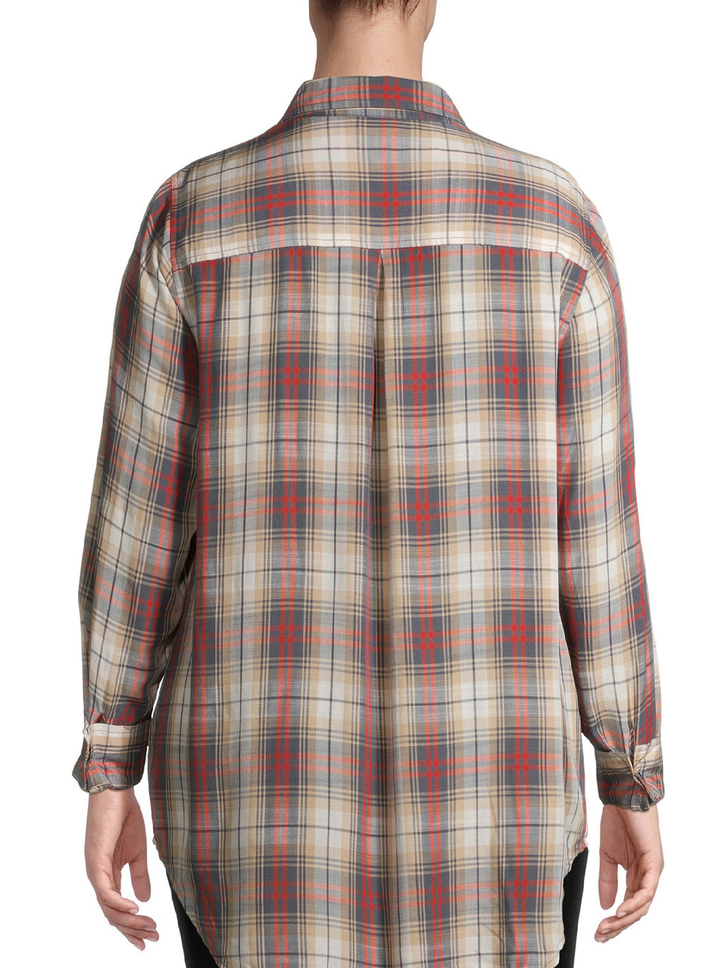 Ladies Grey Plaid Pocket Button Down Check Long Sleeve Plus Size Top
