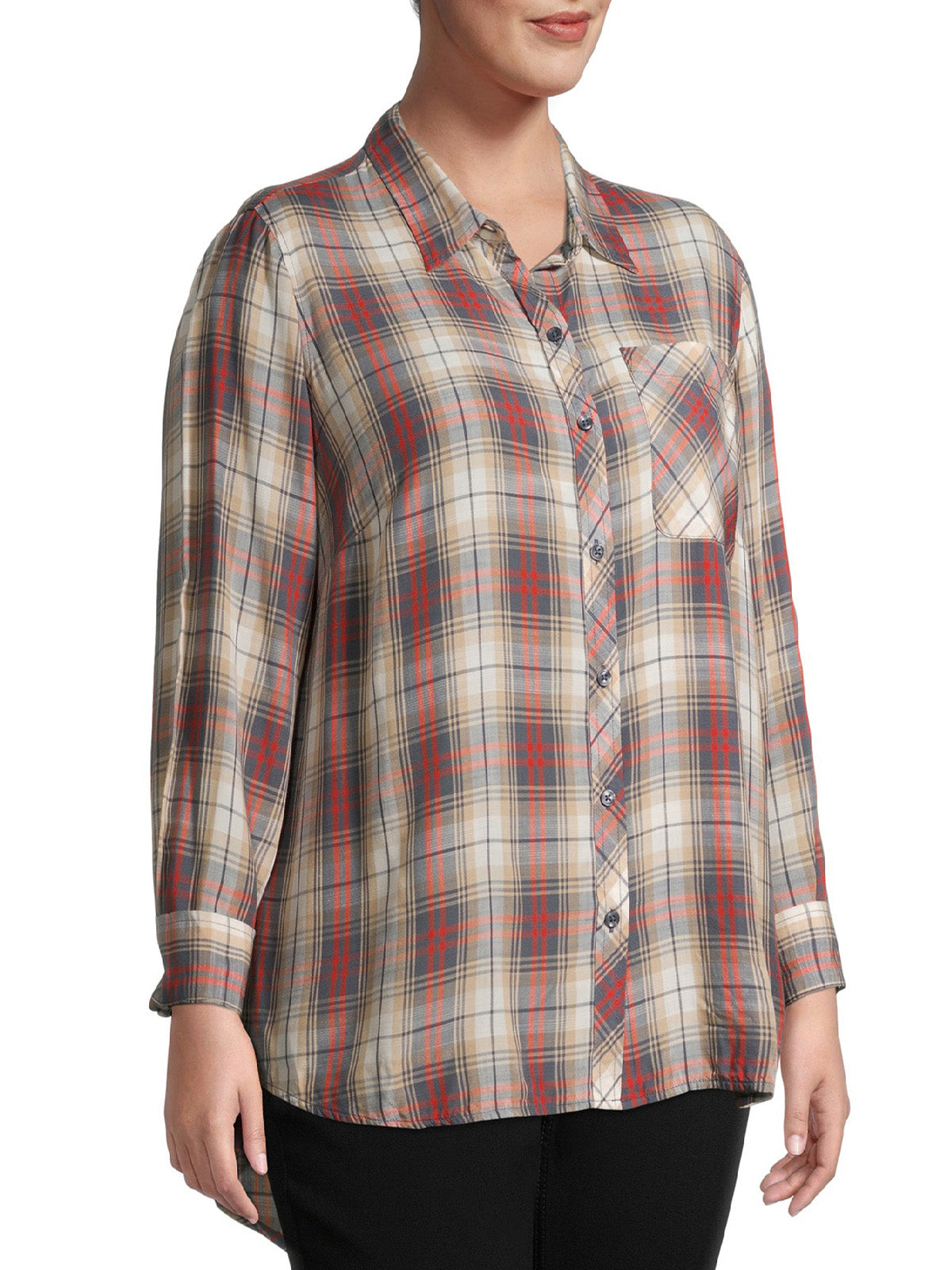 Ladies Grey Plaid Pocket Button Down Check Long Sleeve Plus Size Top