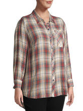 Load image into Gallery viewer, Ladies Grey Plaid Pocket Button Down Check Long Sleeve Plus Size Top
