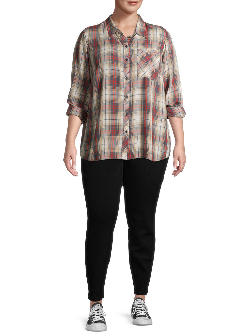 Ladies Grey Plaid Pocket Button Down Check Long Sleeve Plus Size Top