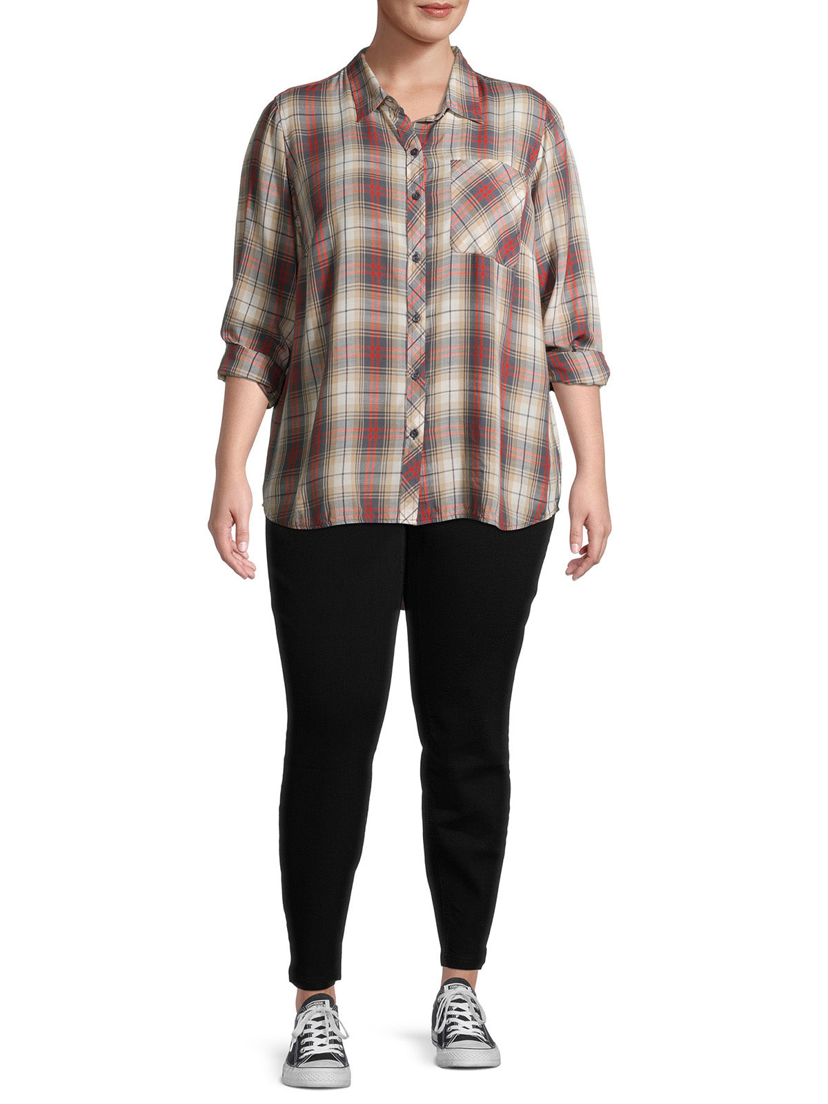 Ladies Grey Plaid Pocket Button Down Check Long Sleeve Plus Size Top