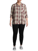 Load image into Gallery viewer, Ladies Grey Plaid Pocket Button Down Check Long Sleeve Plus Size Top
