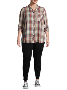 Ladies Grey Plaid Pocket Button Down Check Long Sleeve Plus Size Top