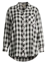 Load image into Gallery viewer, Ladies Black &amp; White Plaid Button Down Long Sleeve Plus Size Tops
