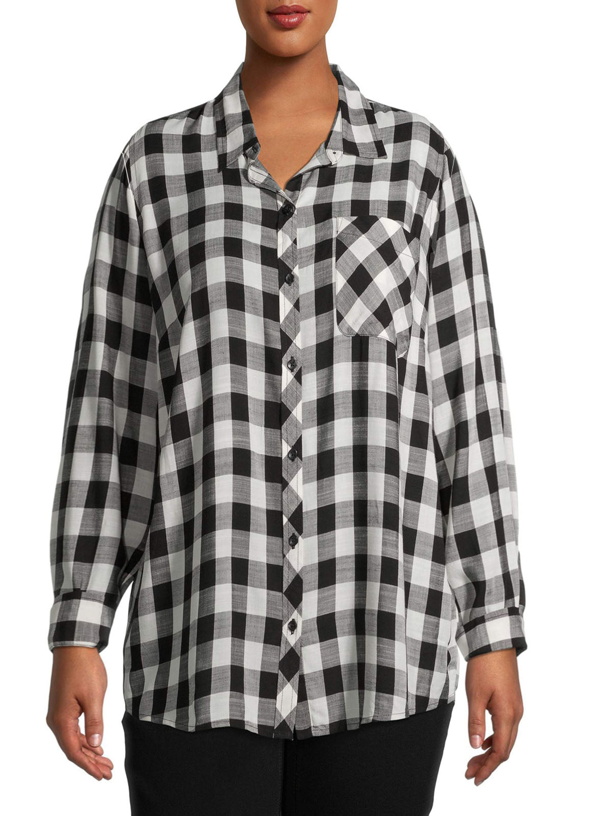 Ladies Black & White Plaid Button Down Long Sleeve Plus Size Tops