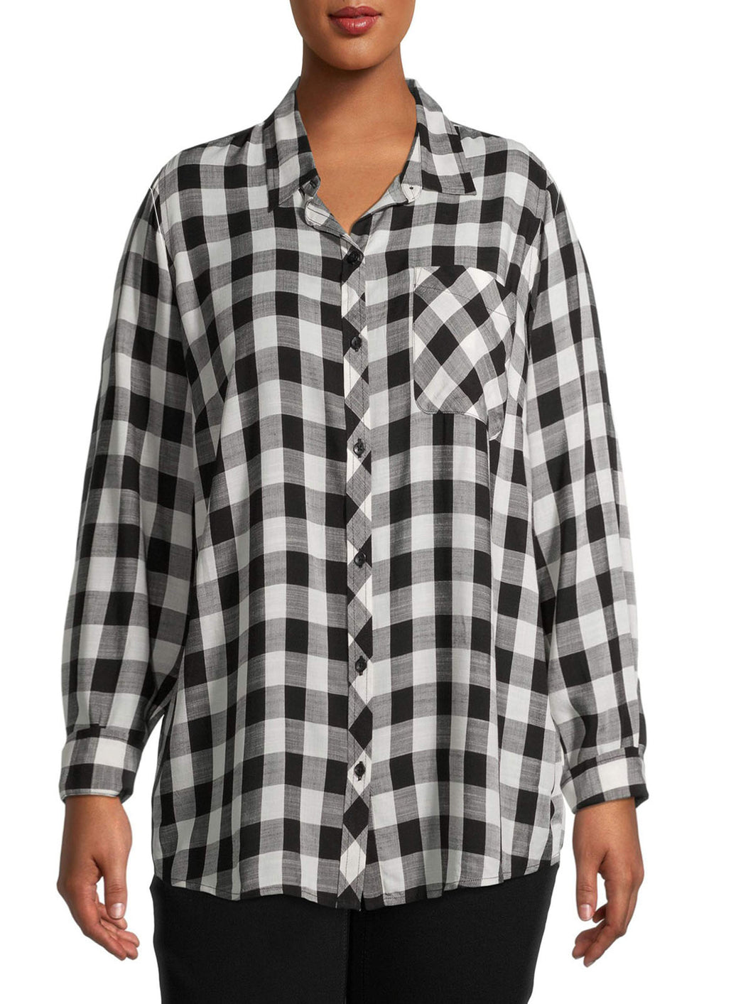 Ladies Black & White Plaid Button Down Long Sleeve Plus Size Tops