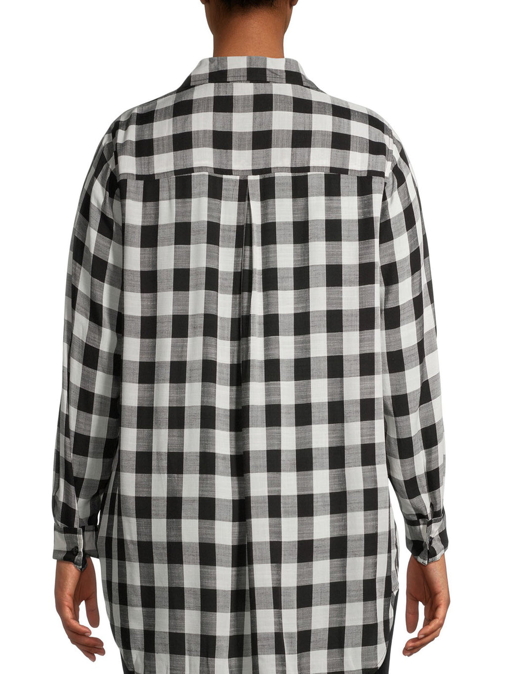 Ladies Black & White Plaid Button Down Long Sleeve Plus Size Tops