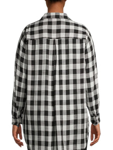 Ladies Black & White Plaid Button Down Long Sleeve Plus Size Tops
