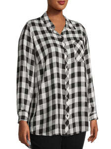 Ladies Black & White Plaid Button Down Long Sleeve Plus Size Tops