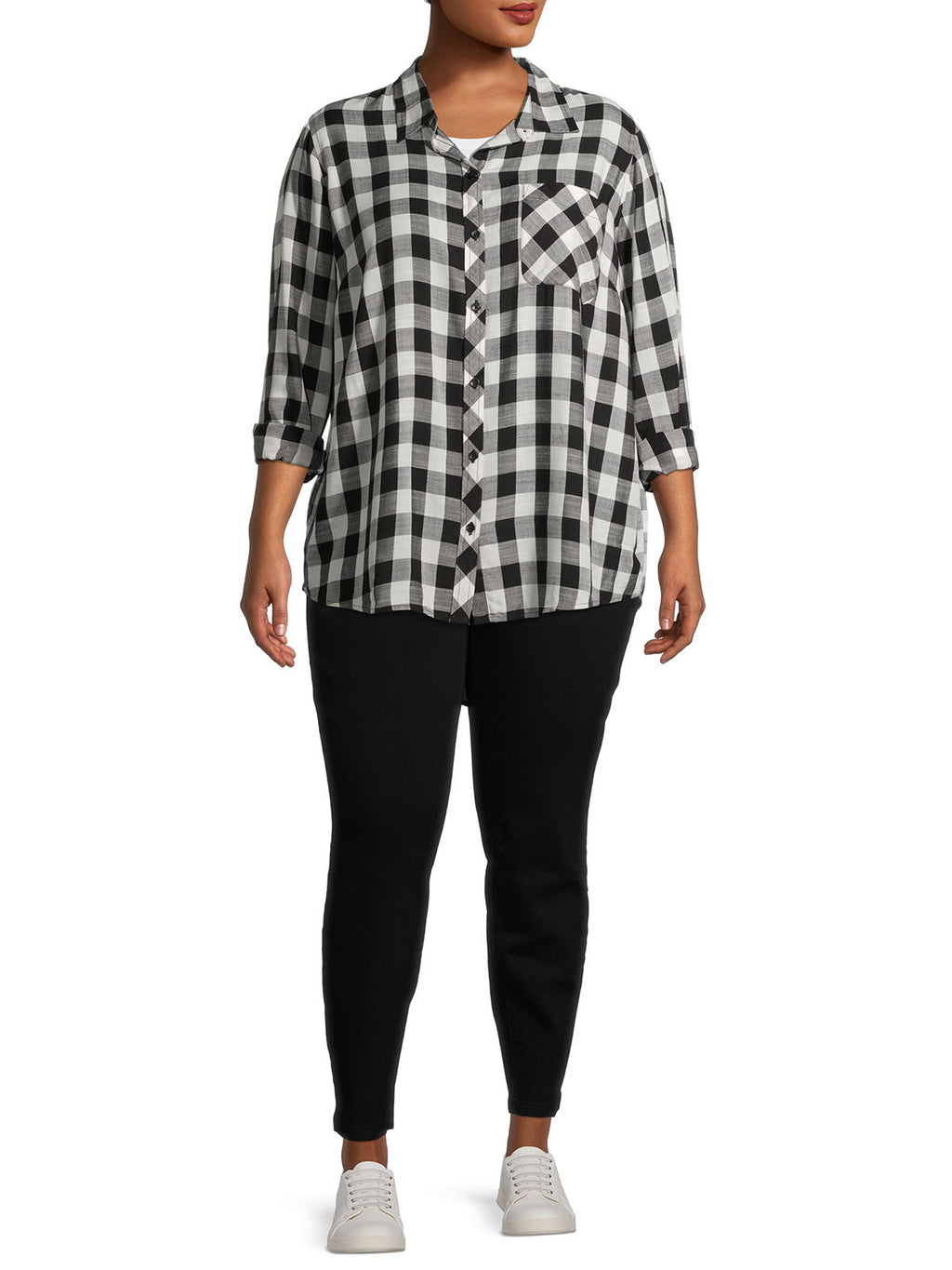 Ladies Black & White Plaid Button Down Long Sleeve Plus Size Tops