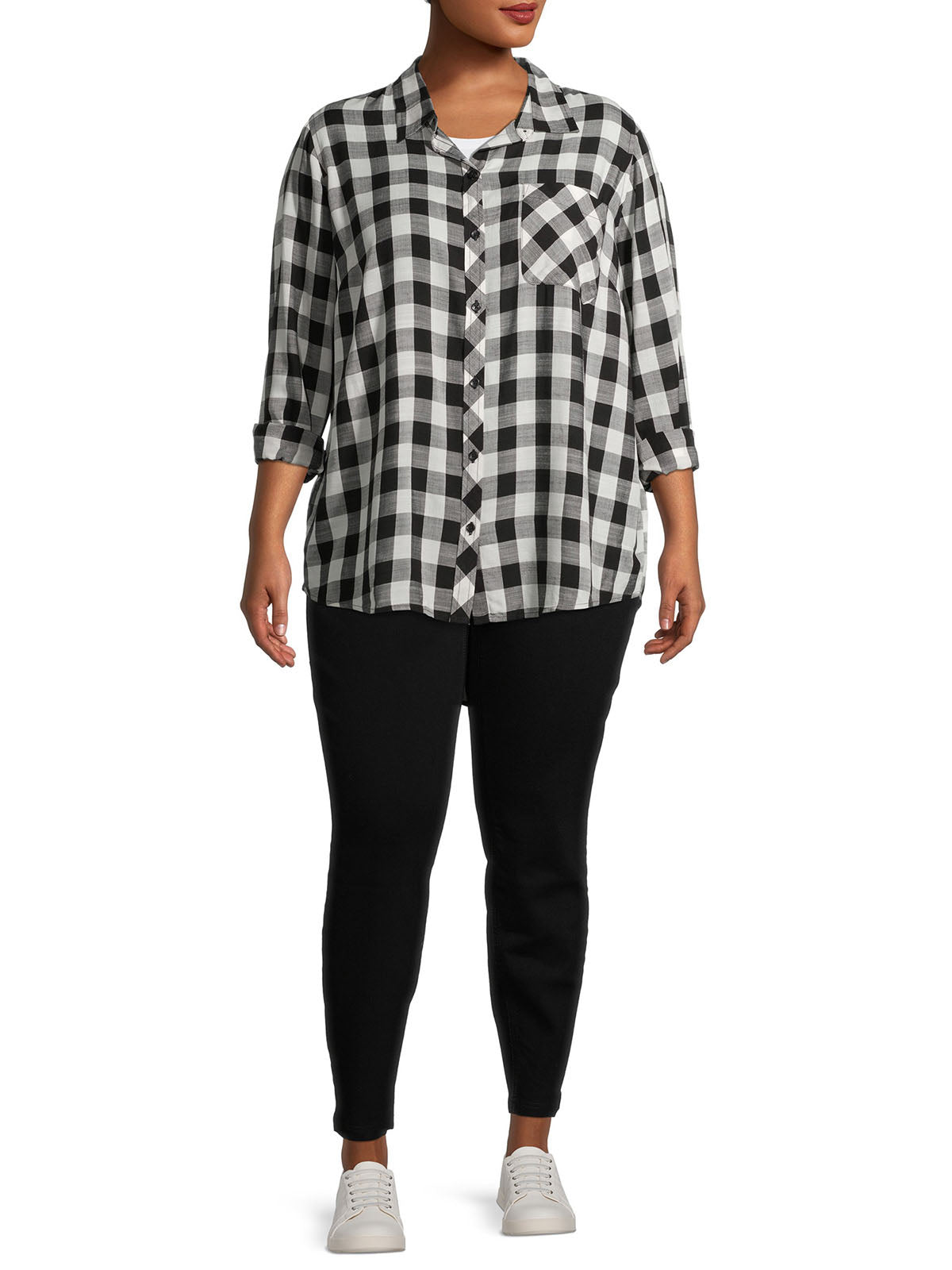 Ladies Black & White Plaid Button Down Long Sleeve Plus Size Tops