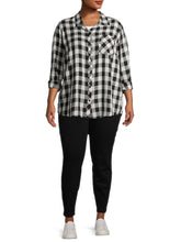 Load image into Gallery viewer, Ladies Black &amp; White Plaid Button Down Long Sleeve Plus Size Tops
