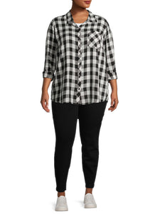 Ladies Black & White Plaid Button Down Long Sleeve Plus Size Tops