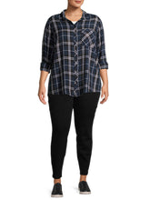 Load image into Gallery viewer, Ladies Navy Multi Plaid Pocket Button Down Plus Size Shirts
