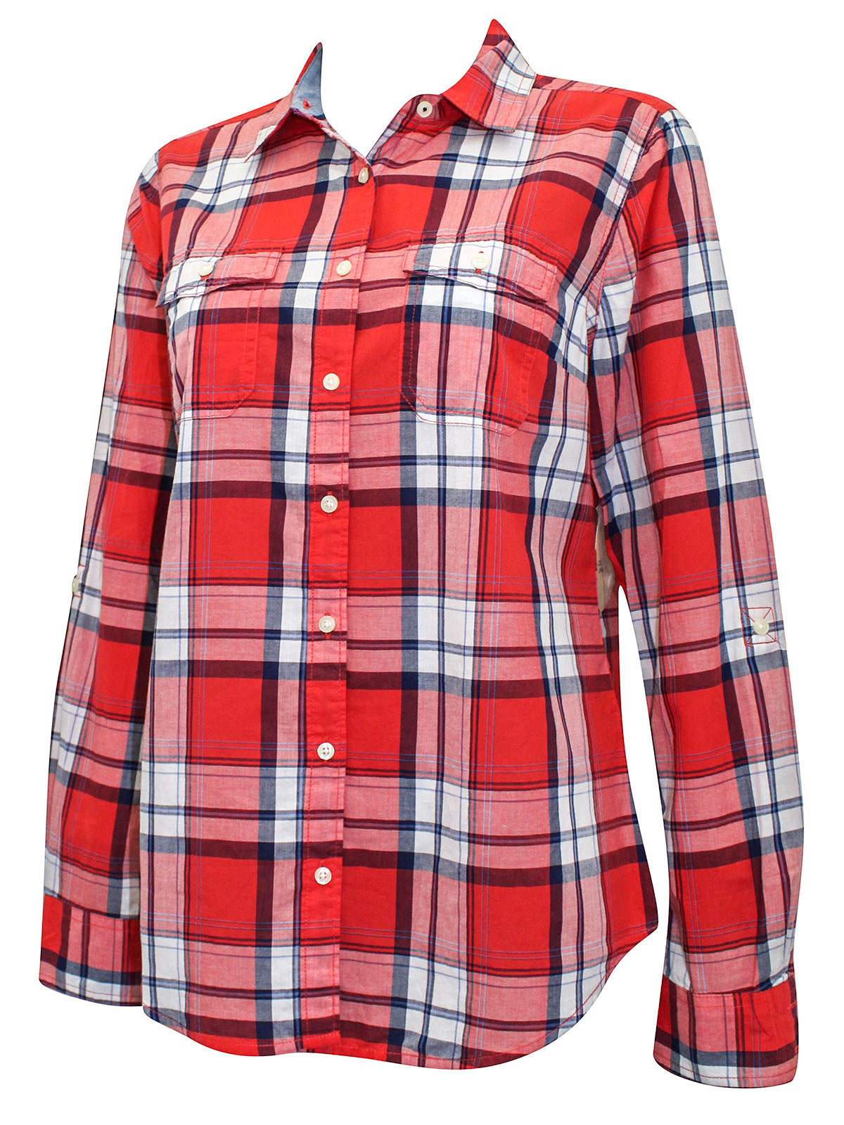 Red Multi Pure Cotton Button Down Checked Plus Size Shirt Top