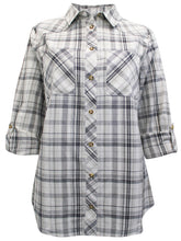 Load image into Gallery viewer, Ladies Grey Plaid Pocket Button Down Checked Cotton Long Sleeve Plus Size Shirts
