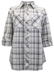 Ladies Grey Plaid Pocket Button Down Checked Cotton Long Sleeve Plus Size Shirts