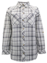 Load image into Gallery viewer, Ladies Grey Plaid Pocket Button Down Checked Cotton Long Sleeve Plus Size Shirts
