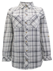 Ladies Grey Plaid Pocket Button Down Checked Cotton Long Sleeve Plus Size Shirts