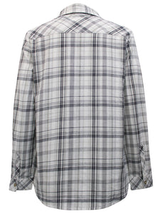 Ladies Grey Plaid Pocket Button Down Checked Cotton Long Sleeve Plus Size Shirts