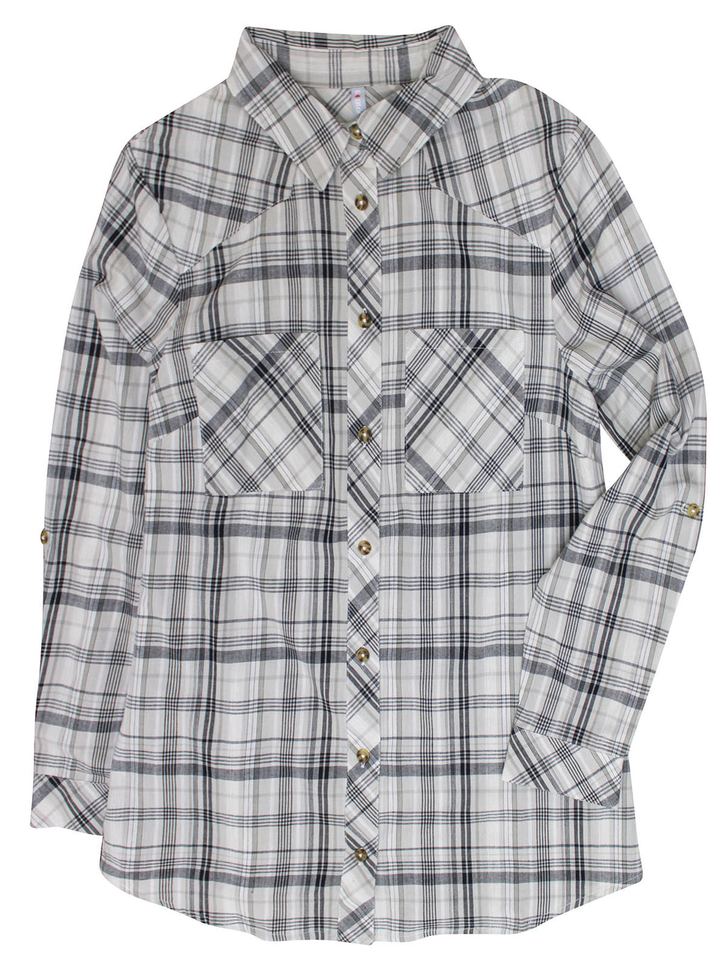 Ladies Grey Plaid Pocket Button Down Checked Cotton Long Sleeve Plus Size Shirts