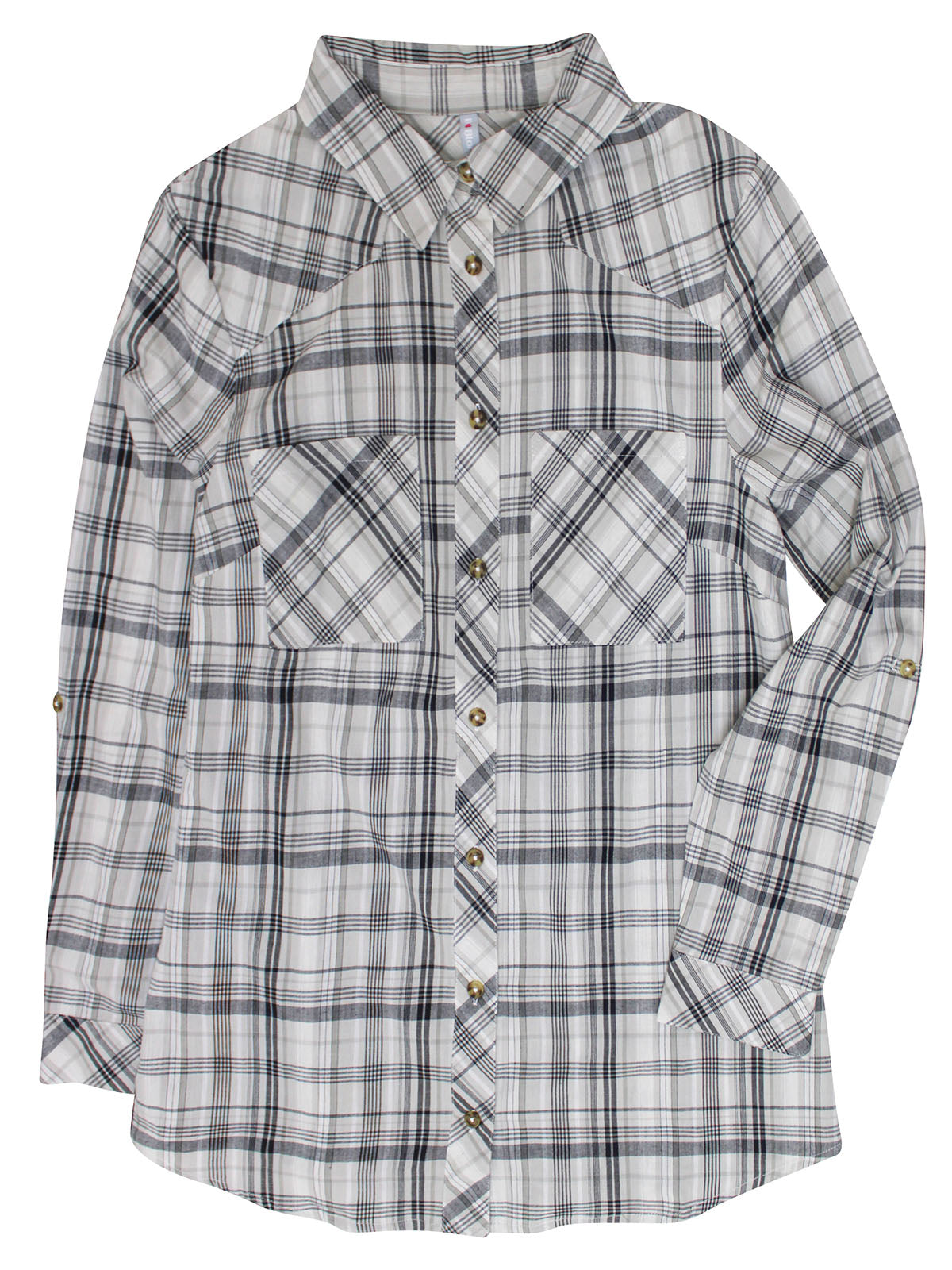 Ladies Grey Plaid Pocket Button Down Checked Cotton Long Sleeve Plus Size Shirts