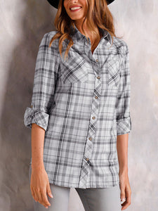 Ladies Grey Plaid Pocket Button Down Checked Cotton Long Sleeve Plus Size Shirts