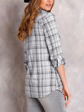 Load image into Gallery viewer, Ladies Grey Plaid Pocket Button Down Checked Cotton Long Sleeve Plus Size Shirts
