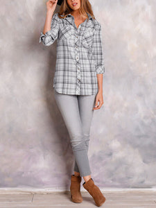 Ladies Grey Plaid Pocket Button Down Checked Cotton Long Sleeve Plus Size Shirts