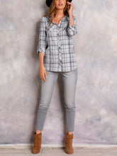 Load image into Gallery viewer, Ladies Grey Plaid Pocket Button Down Checked Cotton Long Sleeve Plus Size Shirts
