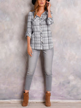 Load image into Gallery viewer, Ladies Grey Plaid Pocket Button Down Checked Cotton Long Sleeve Plus Size Shirts
