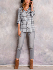 Ladies Grey Plaid Pocket Button Down Checked Cotton Long Sleeve Plus Size Shirts