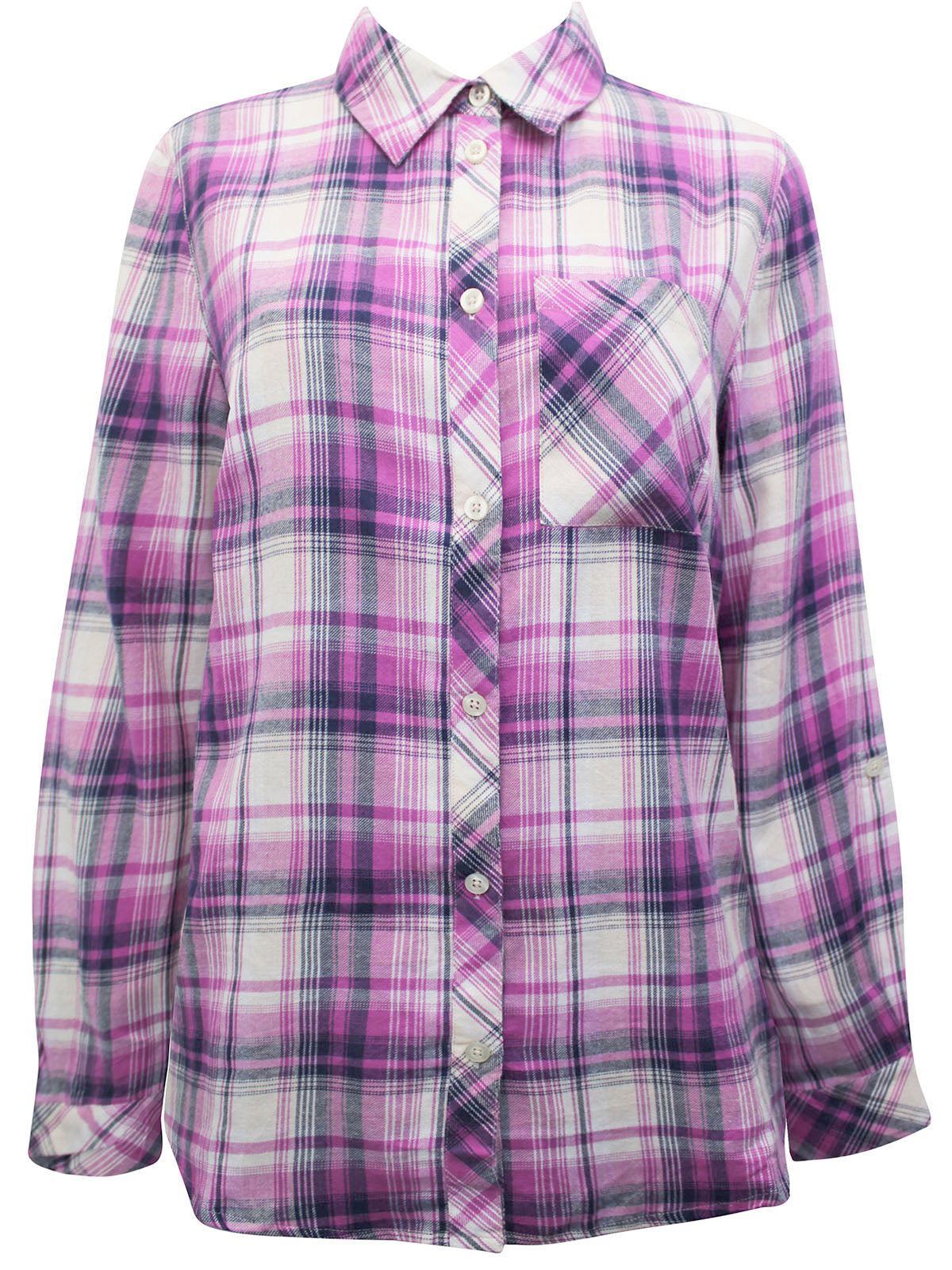 Ladies Indigo Plaid Checked Cotton Long Sleeve Shirt Tops