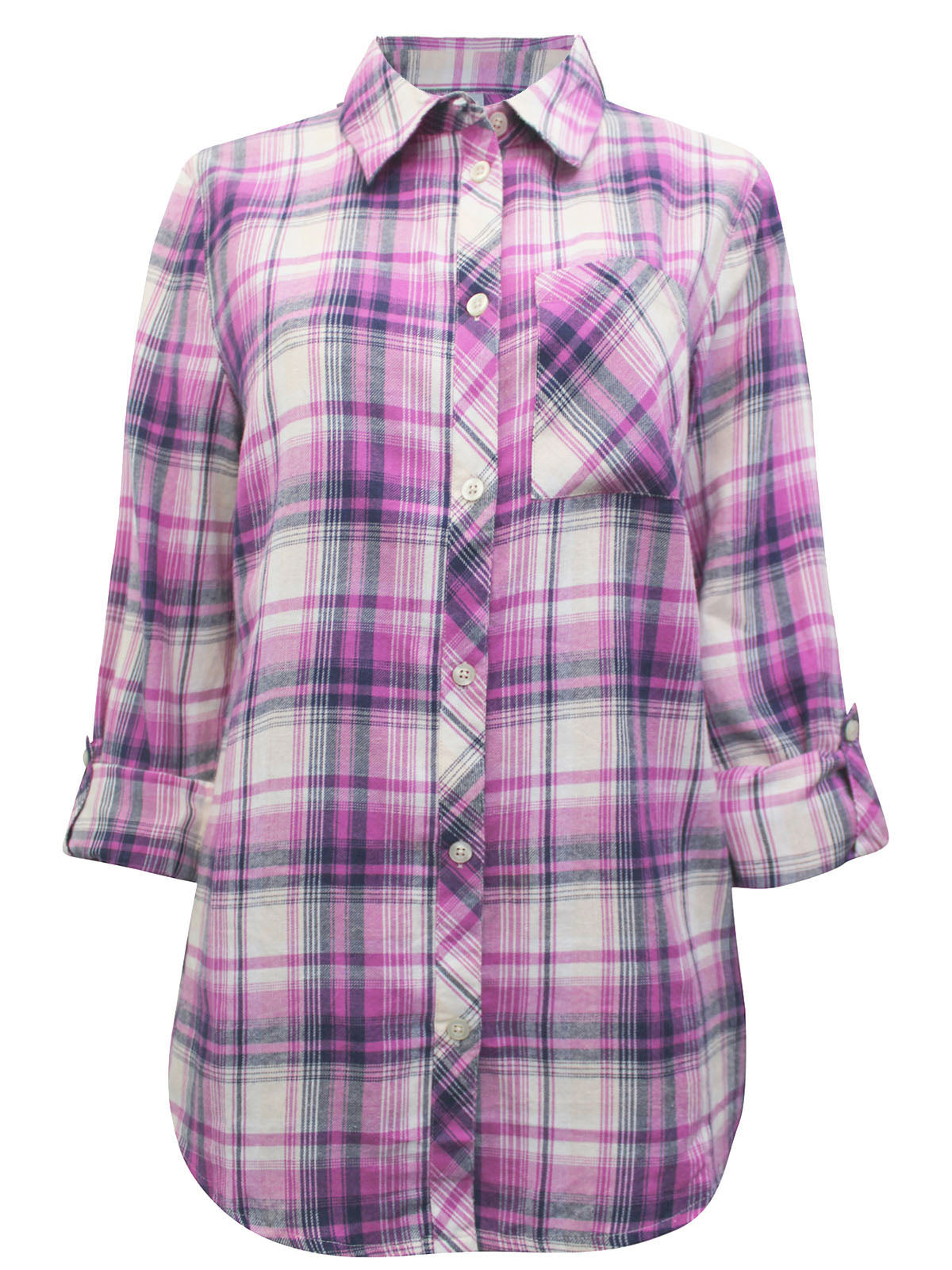 Ladies Indigo Plaid Checked Cotton Long Sleeve Shirt Tops