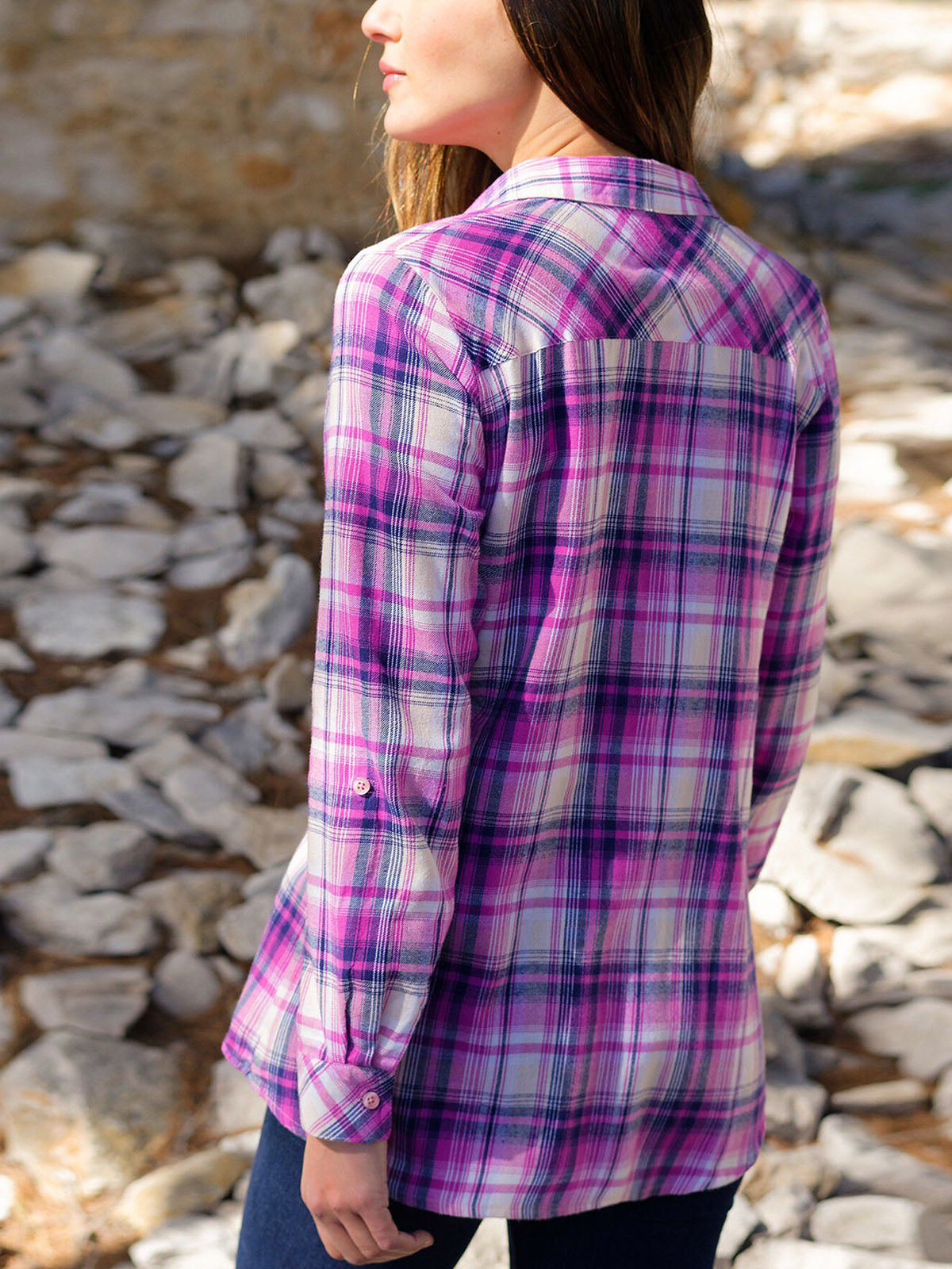 Ladies Indigo Plaid Checked Cotton Long Sleeve Shirt Tops