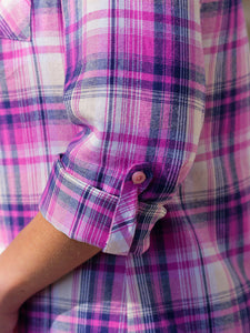 Ladies Indigo Plaid Checked Cotton Long Sleeve Shirt Tops